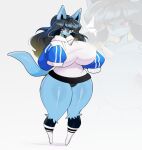 anthro big_breasts breasts curvy_figure eyewear female generation_4_pokemon glasses hair hi_res hourglass_figure huge_breasts hyper hyper_breasts long_hair lucario momitosan nintendo pokemon pokemon_(species) sleeves_past_fingers solo tifa_bosch wide_hips