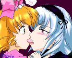  2girls blush eye_contact french_kiss heart hina_ichigo hinaichigo kiss looking_at_another love lowres multiple_girls rozen_maiden suigintou surprised tears tongue yuri 