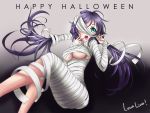  1girl :o absurdres ahoge aqua_eyes bandages breasts feet_out_of_frame gradient gradient_background halloween highres kagami_com long_hair love_live! love_live!_school_idol_project mummy_costume one_eye_covered purple_eyes solo toujou_nozomi twintails underboob upper_teeth wrapped_up 