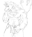  abs bathym belt bottomwear canid canine canis clothing demon fry_sasami horn jeans male mammal mane_hair muscular muscular_male nipples open_pants pants pecs solo tokyo_afterschool_summoners undressing video_games wolf 