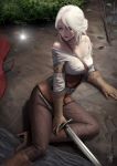 1girl breasts ciri freckles gloves green_eyes highres jewelry lips long_hair looking_at_viewer makeup medium_breasts necklace scar short_hair silver_hair solo sword the_witcher the_witcher_3 weapon yaegraam 