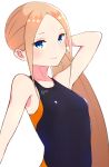  abigail_williams_(fate/grand_order) arm_behind_head bare_shoulders blonde_hair blue_eyes breasts fate/grand_order fate_(series) forehead highres kopaka_(karda_nui) long_hair looking_at_viewer one-piece_swimsuit simple_background small_breasts smile swimsuit very_long_hair white_background 