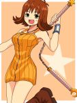  1girl boots breasts brown_hair commentary_request dress final_fantasy final_fantasy_viii flipped_hair green_eyes ichi_(pixiv6373491) jewelry medium_hair necklace nunchaku open_mouth selphie_tilmitt skirt smile solo weapon yellow_overalls yellow_skirt 