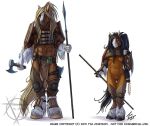  2014 5_fingers abs anthro armor axe biped black_hair black_hooves black_tail blonde_hair blue_eyes breasts brown_fur clothed clothing digital_media_(artwork) duo equid equine female front_view fur greaves green_eyes grey_hooves hair hatchet holding_object holding_weapon hooves horse larger_anthro larger_male leather leather_armor loincloth long_hair long_tail looking_at_viewer male mammal melee_weapon multicolored_fur muscular muscular_male navel pauldron polearm pussy satchel signature simple_background size_difference smaller_anthro smaller_female spear standing stasis_delirium tattoo two_tone_fur vambraces watermark weapon white_background white_fur yellow_tail 