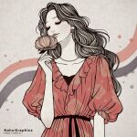  1girl closed_eyes commentary_request dress earrings flower holding holding_flower jewelry long_hair naho_graphics original red_dress short_sleeves smelling smelling_flower solo upper_body wavy_hair 