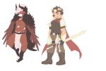  2017 3:2 anthro belt black_clothing black_feathers black_nose black_topwear boots bottomwear brown_feathers canid canine cape clothed clothing duo fangs feathers footwear fully_clothed fur hi_res horn leg_markings loincloth mammal markings melee_weapon pants pecs pink_eyes red_eyes shoulder_guards simple_background skull_hat socks_(marking) sword tan_fur topwear weapon white_background white_fur 埃亞_(artist) 