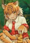  1girl :3 animal_ear_fluff animal_ears animal_print black_hair blush bottle collared_shirt crossed_legs cup elbow_gloves extra_ears gloves kemono_friends looking_at_viewer necktie open_mouth orange_hair plaid plaid_neckwear plaid_skirt plaid_trim pleated_skirt print_gloves print_legwear rumenia_(ao2is) shirt short_hair short_sleeves sidelocks sitting skirt solo thighhighs tiger_(kemono_friends) tiger_ears tiger_print white_hair yellow_eyes 