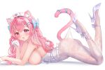 1girl ahoge animal_ears ankle_ribbon ass bare_shoulders belt blue_bow blue_ribbon blush bow braid breasts cat_ears cat_girl cat_hair_ornament cat_tail clothes_pull commentary extra_ears frilled_leotard frills gloves hair_bow hair_ornament hairclip heart heart_print high_heels indie_virtual_youtuber lace_pantyhose_hooked_on_heel_(meme) large_breasts leg_ribbon legs_up leotard leotard_lift long_hair looking_at_viewer lying maid_headdress meme nikoo on_stomach open_mouth pantyhose pantyhose_pull paw_pose pink_eyes pink_hair pink_tail pulling_own_clothes ribbon shoes sideboob simple_background solo star_(symbol) star_hair_ornament tail tail_ornament tail_ribbon thighs two_side_up virtual_youtuber white_background white_belt white_gloves white_leotard white_pantyhose white_ribbon white_shoes yuuki_sakuna 