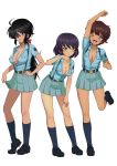  3girls ;d alternate_costume aoshidan_(emblem) aoshidan_school_uniform bangs black_eyes black_footwear black_hair black_legwear blue_eyes blue_shirt blue_skirt bow breasts brown_hair cleavage clenched_hands collared_shirt commentary_request dark_skin decembrachiata eyebrows_visible_through_hair girls_und_panzer green_eyes hair_bow hair_over_one_eye hand_on_hip hand_on_own_thigh heel_up highres hoshino_(girls_und_panzer) leaning_forward leg_up long_hair looking_at_viewer medium_breasts miniskirt multiple_girls ogin_(girls_und_panzer) one_eye_closed open_mouth parted_lips partial_commentary pleated_skirt ponytail raised_fist red_bow school_uniform shirt shoes short_hair simple_background skirt skirt_hold smile socks standing standing_on_one_leg suspenders suzuki_(girls_und_panzer) unbuttoned unbuttoned_shirt white_background wiping_sweat 