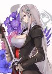  1girl armor azur_lane bangs breasts choker cleavage dunkerque_(azur_lane) eyebrows_visible_through_hair flower gauntlets grey_hair hair_ornament highres holding holding_sword holding_weapon large_breasts long_hair marshall2033 pink_eyes saber_(weapon) sidelocks solo sword weapon 