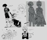  1boy 1girl alternate_hair_length alternate_hairstyle anger_vein armor arms_at_sides bag bare_shoulders blood blood_on_face blood_on_weapon blunt_ends bodysuit braid bun_with_braided_base clenched_hand closed_eyes closed_mouth detached_collar detached_sleeves dirty_leg dragging dress expressionless facing_down frilled_dress frilled_sleeves frills furisode genshin_impact greyscale hair_bun hand_up highres holding holding_napkin holding_sword holding_weapon japanese_armor japanese_clothes jewelry juban katana kimono kote l2_hh7 layered_shorts layered_sleeves long_hair long_sidelocks looking_at_viewer looking_to_the_side mandarin_collar monochrome napkin neck_ring open_hand partially_shaded_face pom_pom_(clothes) pulling rope sandals sandrone_(genshin_impact) scaramouche_(genshin_impact) shimenawa short_hair short_hair_with_long_locks short_sleeves shorts sidelocks sideways_mouth single_hair_bun sword tassel translation_request tsurime weapon wide_sleeves winding_key wispy_bangs zouri 