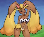  2019 absurd_res anthro big_breasts bikini black_sclera blush breasts brown_fur clothing female fur hi_res lingerie lips long_ears looking_at_viewer lopunny nintendo open_mouth open_smile pink_eyes pok&eacute;mon pok&eacute;mon_(species) pok&eacute;morph pubes shadowboxer sky sling_bikini smile solo standing swimwear video_games 