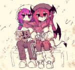  2girls :> black_pants blush book chainsaw_man closed_mouth crescent crescent_hair_ornament demon_tail demon_wings hair_ornament head_wings headphones highres holding holding_book koakuma long_hair multiple_girls multiple_wings pants patchouli_knowledge pointy_ears purple_eyes purple_hair rampa93 red_eyes red_hair sidelocks sitting smile socks tail touhou white_socks wings 