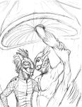  2018 anthro argonian bethesda_softworks claws duo feathers fungus love male mushroom nude outside raining reptile romantic_couple scalie smile the_elder_scrolls traditional_media_(artwork) video_games 