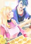  1boy 1girl agnes_claudel baking baking_sheet blonde_hair blue_eyes blue_hair braid braided_bun bun_with_braided_base chisarune closed_eyes commentary_request cooking couple dog_tags eiyuu_densetsu hair_bun hair_slicked_back kai_no_kiseki kuro_no_kiseki_(series) kuro_no_kiseki_i multicolored_hair open_mouth ribbed_sweater single_side_bun smile sweater two-tone_hair van_arkride 