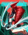  2girls aqua_hair bow building chainsaw_man commentary detached_sleeves drill drill_hand english_commentary falling from_below hatsune_miku highres joblessdodo kasane_teto kasane_teto_(utau) multiple_girls parody red_bow sharp_teeth sleeveless teeth title_parody utau vocaloid 