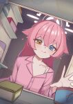  1girl :q absurdres ahoge blue_archive blue_eyes closed_mouth collarbone commentary flat_chest halo heterochromia high_(hgih) highres hoshino_(blue_archive) long_hair pink_hair pink_halo pink_shirt refrigerator shirt solo tongue tongue_out yellow_eyes 