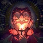  1girl absurdres armor armored_dress black_cloak black_dress breasts chain cloak collar commentary_request cross dress fate/grand_order fate_(series) fire fur-trimmed_cloak fur_trim gauntlets grey_hair headpiece highres jeanne_d'arc_alter_(avenger)_(fate) jeanne_d'arc_alter_(fate) large_breasts looking_at_viewer metal_collar mutai4649 short_hair solo yellow_eyes 