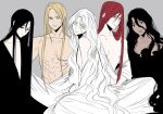  5boys :| abs bare_shoulders black_eyes black_hair black_robe blonde_hair blue_eyes closed_mouth colored_eyelashes commentary_request curtained_hair dark-skinned_male dark_skin expressionless eye_contact feet_out_of_frame grey_background hades_(ohitsuji_ei) hair_between_eyes highres indian_style lineup long_hair long_hair_between_eyes looking_at_another looking_at_viewer looking_to_the_side male_focus multiple_boys no_nipples off_shoulder ohitsuji_ei osiris_(ohitsuji_ei) pale_skin parted_bangs pectorals poseidon_(ohitsuji_ei) purple_eyes red_hair robe scar scar_across_eye scar_on_face set_(ohitsuji_ei) sideways_glance simple_background sitting smile straight_hair topless_male v-shaped_eyebrows very_long_hair wavy_hair white_eyelashes white_hair white_robe yellow_eyes yukai_na_shintouki zeus_(ohitsuji_ei) 