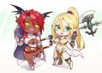  2girls :d aqua_eyes arm_guards axe bat_wings belt black_gloves blonde_hair boots breasts cape chibi chibi_only clothing_cutout commentary_request commission curvy dark-skinned_female dark_skin demon_girl elbow_gloves fangs fantasy full_body fur-trimmed_cape fur_trim gloves green_eyes head_wings holding holding_axe knee_boots large_breasts leotard multiple_girls natasha_(kouyou_manju) navel ookuma_nekosuke open_mouth original parted_bangs pelvic_curtain pointy_ears ponytail red_belt red_hair showgirl_skirt smile standing stomach sword thumbs_up underboob underboob_cutout viola_(kouyou_manju) weapon white_cape white_leotard wings yellow_eyes 