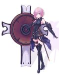  1girl absurdres armor armored_dress bare_shoulders black_dress black_legwear blush breasts commentary_request dress eyebrows_visible_through_hair eyes_visible_through_hair fate/grand_order fate_(series) full_body gloves hair_over_one_eye highres holding_shield lavender_hair looking_at_viewer mash_kyrielight medium_breasts merryj purple_eyes purple_hair shield short_hair simple_background solo standing sword weapon white_background 
