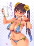  1girl :q alcohol bangs bare_shoulders beer beer_mug bikini blush bow bow_bikini breasts brown_eyes brown_hair cleavage collarbone commentary_request cowboy_shot cup dated drunk earrings eyebrows_visible_through_hair eyelashes fingernails groin guri_(bluedrop) hair_bow hands_up highres holding holding_cup jewelry large_breasts legs_together long_hair looking_at_viewer midriff mug nail_polish navel necklace nose_blush original pink_nails polka-dot_bow polka_dot polka_dot_bikini scrunchie side-tie_bikini sidelocks signature skindentation solo standing stomach strap_gap stud_earrings swimsuit tongue tongue_out translation_request twintails very_long_hair w wrist_scrunchie yellow_bow 