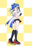  1girl ass asymmetrical_bangs black_boots black_gloves black_skirt blue_bow blue_hair blue_panties boots bow breasts cephalopod_eyes checkered_background chestnut_mouth choker clothing_cutout commentary_request earrings eyewear_on_head fingerless_gloves from_behind full_body gloves gradient_bow high_heel_boots high_heels highres jewelry knee_boots koharu2.5 large_bow looking_down median_furrow medium_breasts microskirt multicolored_boots multiple_earrings octoling panties pink_pupils red_boots red_eyes red_lining shiver_(splatoon) skirt spiked_boots spiked_choker spiked_gloves spiked_hair_ornament spikes splatoon_(series) two-tone_background underwear upskirt white_background yellow_background 