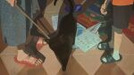  1boy 1girl academic_test animal backpack bag barefoot black_cat black_shorts blue_dress book cat commentary dress flip-flops highres holding holding_own_hand holding_stick injury jiankun_yu lower_body mother_and_son orange_shirt original out_of_frame paper pencil_case sandals scratches shirt shorts socks stick test_score tile_floor tiles white_socks 