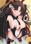  1girl :o absurdres adjusting_hair animal_ears azur_lane backless_leotard bare_shoulders black_jacket black_necktie blush boots breasts brown_hair clothes_pull commentary_request detached_collar from_above full_body hands_up highres holding holding_phone indoors jacket jacket_pull large_breasts leotard long_hair looking_at_viewer looking_up multicolored_hair navel necktie off_shoulder open_clothes open_jacket phone playboy_bunny rabbit_ears rabbit_tail red_hair red_nails rei_tuki see-through_clothes see-through_leotard see-through_midriff short_necktie slit_pupils solo standing strapless strapless_leotard surprised tail thighhighs two-tone_hair very_long_hair z52_(azur_lane) z52_(the_rapid_rabbit)_(azur_lane) 