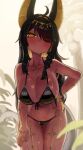  1girl absurdres ahoge ancient_egyptian animal_ears bare_shoulders bikini black_hair braid breasts cleavage collarbone commentary_request dark-skinned_female dark_skin ekrea_jan hair_intakes hair_ornament hair_over_one_eye highres large_breasts leaning_forward long_hair looking_at_viewer navel original side_braid solo sweat swimsuit thighs wet yellow_eyes 