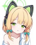  1girl animal_ear_headphones animal_ears bad_id bad_twitter_id blonde_hair blue_archive blunt_bangs blush bow cat_ear_headphones cat_ears collarbone collared_shirt fake_animal_ears green_bow green_eyes green_halo hair_bow halo head_tilt headphones looking_at_viewer low-tied_sidelocks medium_hair midori_(blue_archive) no_bra open_clothes open_shirt parted_bangs parted_lips shirt sidelocks simple_background single_bare_shoulder single_off_shoulder solo suiran_(suiran0111) upper_body white_background white_shirt 