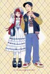  1boy 1girl alternate_costume argyle_background arm_up baseball_cap black_shoes blue_bow blue_pants blunt_bangs bow can choker city_sanzu commentary crossbody_bag dress facial_hair full_body goatee_stubble grabbing_another's_arm hand_in_pocket hat highres holding holding_can iori_junpei jacket letterman_jacket lolita_fashion long_hair long_sleeves looking_to_the_side open_clothes open_jacket pants persona persona_3 print_shirt red_eyes red_hair shirt shoes short_hair sneakers stubble symbol-only_commentary white_choker white_dress white_headdress yoshino_chidori 