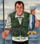  1boy bar_guy_(no_i'm_not_a_human) blue_eyes blurry blurry_background brown_hair collared_shirt commission fish fisherman fishing_rod green_vest hashtag-only_commentary holding holding_fishing_rod male_focus no_i'm_not_a_human outdoors primfourtwo shirt short_hair smile solo upper_body vest water white_shirt 