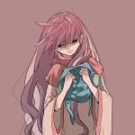  1girl aviator_cap blue_hat capelet closed_mouth commentary_request d_d_work dragon_quest dragon_quest_ii earrings hair_between_eyes hat holding holding_unworn_clothes holding_unworn_hat hood hood_down hooded_capelet jewelry pink_background pink_capelet pink_hair pink_trim princess_of_moonbrook robe solo unworn_hat unworn_headwear upper_body white_robe wide_sleeves 