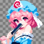  1girl bare_shoulders blue_hat blue_kimono checkered_background closed_mouth commentary grey_background hand_fan hat highres holding holding_fan japanese_clothes kimono looking_at_viewer mob_cap mushroom off_shoulder pink_eyes pink_hair pixel_art saigyouji_yuyuko short_hair smile solo takeez3 touhou triangular_headpiece upper_body 