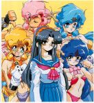 1990s_(style) 5girls black_hair blonde_hair blue_eyes blue_hair blue_skirt bracelet bridgeless_bra brown_eyes choker dice dragon_master_silk fingerless_gloves gloves hairband holding holding_dice horns jewelry kajiyama_hiroshi long_hair long_sleeves looking_at_viewer multiple_girls navel neckerchief non-web_source official_art one_eye_closed open_mouth pink_eyes pink_hair pleated_skirt pointy_ears purple_eyes red_hairband retro_artstyle scan school_uniform serafuku simple_background skirt smile standing thumbs_down white_gloves wristband yellow_background 
