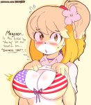  2019 animal_crossing anthro big_breasts bikini bikini_top blush breasts canid canine canis cleavage clothed clothing dialogue digital_media_(artwork) domestic_dog english_text female fur hair isabelle_(animal_crossing) looking_at_viewer mammal nintendo open_mouth pongldr ponytail shih_tzu simple_background solo stars_and_stripes swimwear text toy_dog underwear united_states_of_america video_games yellow_fur 