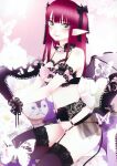  1girl bare_shoulders bat_wings black_bow black_bowtie black_choker black_horns black_thighhighs blush bow bowtie breasts bug butterfly cat_lingerie chair choker cleavage cosplay cuffs demon_tail demon_wings fake_horns fake_pointy_ears fake_tail fake_wings floral_background floral_print frilled_thigh_strap frills fukuda_shinichi garter_straps green_eyes highres horns kitagawa_marin long_hair looking_at_viewer medium_breasts midriff navel official_art on_chair pink_background pink_bow pink_bowtie pointy_ears red_hair rizu-kyun rizu-kyun_(cosplay) smile sono_bisque_doll_wa_koi_wo_suru tail thigh_strap thighhighs third-party_source wings wrist_cuffs 