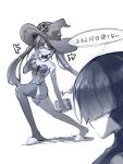  1boy 1girl @_@ arm_at_side asymmetrical_bangs bare_shoulders blue_eyes blunt_ends bodysuit book bow choker collarbone commentary_request covered_collarbone crescent crescent_hat_ornament detached_sleeves eyelashes facing_another genshin_impact greyscale hair_between_eyes hair_bow hand_up hat hat_ornament highres holding holding_book kgt1mzp8wzk83g6 leaning_forward leotard long_hair looking_at_another mona_(genshin_impact) mona_(pact_of_stars_and_moon)_(genshin_impact) monochrome parted_bangs parted_lips ponytail_holder scaramouche_(genshin_impact) sidelocks slippers smirk speech_bubble star_(symbol) star_choker star_hat_ornament star_print strapless strapless_leotard tareme thighhighs translation_request w white_background witch_hat 
