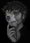  1boy absurdres black_background black_hair black_nails commentary covered_face cracked_mask earrings english_commentary facial_hair goatee hand_tattoo highres holding holding_mask jewelry looking_at_viewer male_focus mask multiple_earrings one_piece portrait shishisart short_hair tattoo trafalgar_law yellow_eyes 