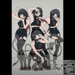  1girl animal_ears arm_up armpits bare_shoulders black_hair black_shirt black_shorts boots breasts commentary_request crop_top full_body garter_straps grey_background grey_boots hand_on_own_chin hand_on_own_head head_tilt high-waist_shorts iris_out_(song) jane_doe_(zenless_zone_zero) leg_up long_hair long_tail looking_at_viewer medium_breasts mouse_ears mouse_girl mouse_tail multicolored_hair multiple_views necktie no_jacket pantyhose pillarboxed red_hair red_nails scene_reference sharp_tail shirt shorts single_garter_strap single_leg_pantyhose single_thighhigh sleeveless sleeveless_shirt smile squatting standing standing_on_one_leg tail thighhighs to_te_na torn_clothes torn_pantyhose torn_thighhighs two-tone_necktie zenless_zone_zero 