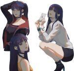  ada_(naruto) ada_(naruto)_(cosplay) alternate_hairstyle bespectacled black_choker black_romper black_skirt blue_eyes boots boruto:_two_blue_vortex bracelet breasts choker commentary_request cosplay glasses hand_on_own_head high_heel_boots high_heels holding holding_letter ifevilwhyuhot jewelry kakei_sumire leotard letter love_letter medium_breasts naruto_(series) ponytail purple_hair ring romper sidelocks skirt squatting strapless strapless_leotard tank_top uchiha_sarada uchiha_sarada_(cosplay) uzumaki_himawari uzumaki_himawari_(cosplay) yellow_tank_top 