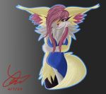  2019 absurd_res anthro braixen breasts canid canine charles_bill_tremper clothed clothing digital_media_(artwork) fan_character female fox fur gloves_(marking) glowing gradient_background hair hair_over_eye hi_res inner_ear_fluff looking_at_viewer mammal markings mikayla_firefoxx nintendo pok&eacute;mon pok&eacute;mon_(species) signature simple_background smile solo video_games white_fur yellow_fur 