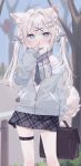  1girl :o animal_ear_fluff animal_ears bare_tree belt belt_buckle black_belt black_necktie blue_eyes blue_sky blurry blurry_background blush bow breath briefcase brown_hair buckle cellphone cellphone_charm charm_(object) commentary_request day depth_of_field dog_ears dog_girl dog_tail fingernails fringe_trim grey_bow grey_jacket grey_skirt hair_bow hair_ornament hairclip hand_to_own_mouth highres holding hood hood_down hooded_jacket hoshi_(snacherubi) jacket long_hair long_sleeves looking_at_viewer necktie off_shoulder original outdoors pantyhose parted_lips phone plaid_clothes plaid_scarf plaid_skirt pleated_skirt puffy_long_sleeves puffy_sleeves scarf school_briefcase school_uniform shirt skirt sky sleeves_past_wrists solo standing tail thigh_belt thigh_strap tree twintails very_long_hair white_pantyhose white_shirt x_hair_ornament 