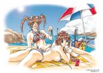  1990s_(style) aoki_chisa ass barefoot beach beach_umbrella bikini blanket brown_eyes brown_hair can cassette_player copyright_notice day doukoku_soshite... green_eyes grey_bikini hair_bobbles hair_ornament hatori_itsumi headphones high_ponytail holding holding_can long_hair looking_at_viewer lying non-web_source official_art on_stomach open_mouth outdoors ponytail red_hair retro_artstyle smile sun swimsuit teeth twintails umbrella upper_teeth_only water yokota_mamoru 