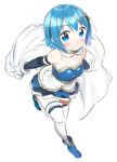  1girl blue_eyes blue_hair blush cape dutch_angle endo_(makaron) from_behind gloves looking_at_viewer magical_girl mahou_shoujo_madoka_magica midriff miki_sayaka short_hair smile solo standing standing_on_one_leg thighhighs white_background white_gloves white_legwear 