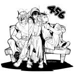  3boys black_hair boots closed_eyes closed_mouth commentary_request d_d_work dragon_quest dragon_quest_iv dragon_quest_v dragon_quest_vi earrings forehead_protector greyscale hair_between_eyes hat hero_(dq4) hero_(dq5) hero_(dq6) highres hugging_own_legs jewelry male_focus monochrome multiple_boys parted_lips partially_shaded_face short_hair single_earring sketch slime_(dragon_quest) smile tunic twintails white_background winged_headwear 