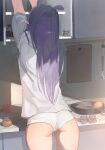  1girl absurdres arms_up ass chocosong commentary_request cutting_board day egg facing_away from_behind frying_pan highres hololive hololive_english indoors kitchen ladle long_hair ninomae_ina'nis no_pants outstretched_arms panties pointy_ears purple_hair reaching shirt solo t-shirt takodachi_(ninomae_ina'nis) underwear virtual_youtuber white_panties white_shirt 