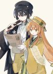  1boy 1girl black_eyes black_hair black_hakama black_haori black_hat blue_trim buttons closed_mouth commentary diagonal-striped_ribbon expressionless flower folded_fan folding_fan frilled_gloves frills gloves green_eyes green_kimono green_ribbon grey_background hair_between_eyes hakama hand_fan haori hat hat_flower hat_ribbon height_difference highres holding holding_fan holding_newspaper japanese_clothes kimono long_hair long_sleeves makotoinu newspaper open_mouth orange_hair original red_eyes ribbon rose shirt shirt_under_kimono short_hair sidelocks simple_background very_long_hair white_flower white_kimono white_rose white_shirt wide_sleeves yellow_haori 