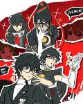  2boys 2girls amamiya_ren badge bayonetta bayonetta_(character) bayonetta_2 black_eyes black_hair black_jacket brown_hair circlet dual_persona earrings eyelashes furono_(fuloru) glasses gloves green_hair heart highres jacket jewelry kid_icarus kid_icarus_uprising looking_at_viewer mask multiple_boys multiple_girls o3o one_eye_closed palutena persona persona_5 pit_(kid_icarus) poses red_gloves school_uniform shuujin_academy_uniform smile speech_bubble super_smash_bros. upper_body white_gloves 